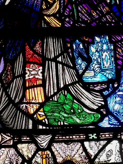 Harry Clarke stained glass in Dingle - close up of green slipper