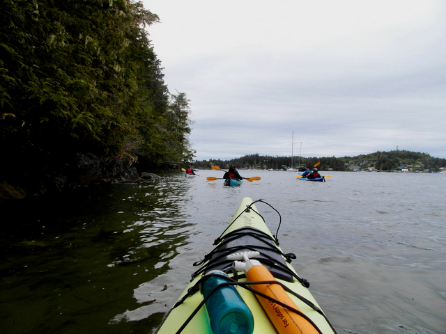 Colourful boats Sea Kayaking by Tofino, BC, Canada